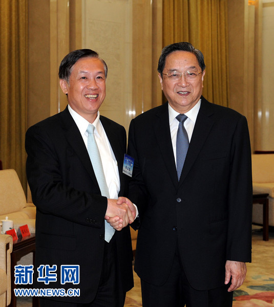 7月7日,中共中央政治局常委、全国政协主席俞正声在北京会见赖正镒理事长率领的台湾商业总会大陆经贸考察团一行。 新华社记者 饶爱民 摄